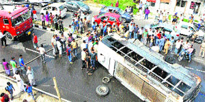 The bus that caught fire at Jalgran village in Una district on Wednesday.