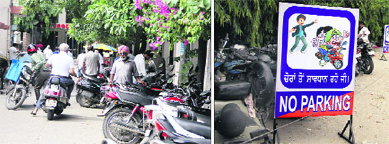 Vehicles parked in a haphazard manner in front of a private hospital in a residential area; and (right) two-wheelers parked in no parking zone in front of the District Administrative Complex in Jalandhar.