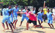 Girls in action during a kabaddi match on the first day of the rural sports meet in Jalandhar on Wednesday.