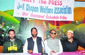 Members of the Jammu and Kashmir Chopan Welfare Association at a press conference in Srinagar on Wednesday
