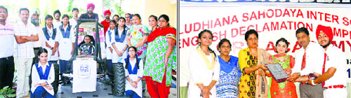 Students and delegates at a seminar on mechanical engineering held on the premises of Blossoms Convent School; and (right) participants of a declamation contest being felicitated at the auditorium of GRD Academy