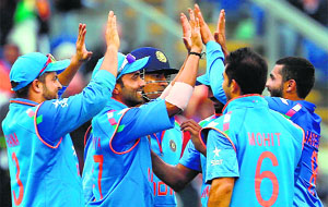 Indian players celebrate the dismissal of Ben Stokes as they beat England by 133 runs in the second ODI in Cardiff on Wednesday.