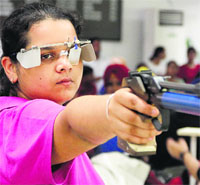 Glasgow CWG silver medallist Malaika Goel during the 10m air pistol event of the Punjab state shooting championship in Jalandhar.