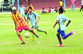Football players in action during a match in the District Rural Sports Tournament in Bathinda on Thursday