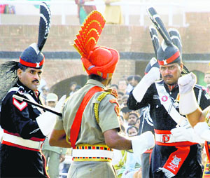 Indian and Pakistani security personnel during the Retreat ceremony at Wagah.