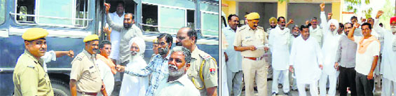 Police round up protesting farmers in Anoopgarh; and (right) farmers raise slogans outside Gharsana police station in Sriganganagar on Thursday.