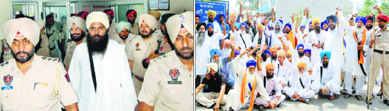 (Left) Baljit Singh Daduwal being brought to a court in Mansa on Thursday; and his followers protest outside the court.