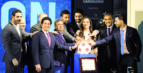 Bollywood personalities during the launch of the Indian Super League (ISL) football tournament in Mumbai on Thursday. Legend Sachin Tendulkar threw his weight behind the upcoming league, saying it was the way forward to unearth football talent in the cricket-mad country. The eight-city franchise-based ISL tournament is to be played in October-December