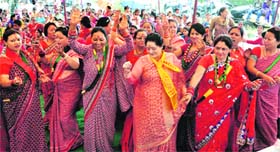 Women celebrate Hartalika Teej at Gajwadi in Dehradun on Thursday.