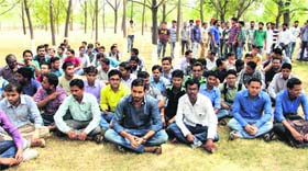 Students of Central University of Punjab stage a protest against the university authorities in Bathinda on Friday.