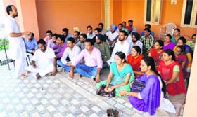 Members of the ETT Teachers Union hold a meeting at Teachers Home in Bathinda on Friday.