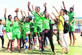 Winners of the football final celebrate their victory on the concluding day of the District Rural Sports Tournament in Bathinda on Friday.