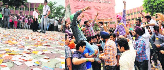 Stickers of various parties lie scattered at GGDSD College in Sector 32, Chandigarh, on Friday; and (right) candidates of different parties celebrate with their supporters after filing nominations at the college.