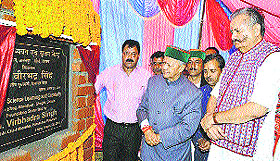 Chief Minister Virbhadra Singh during stone-laying function of the Centre for Science Learning and Creativity at Anandpur near Shimla on Friday.