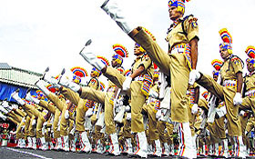 CRPF jawans participate in the 226th passing-out parade ceremony in Jalandhar on Friday.