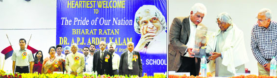 (Left) Former President Dr APJ Abdul Kalam at BCM Arya Senior Secondary School; chairman of the governing council of Sat Paul Mittal School Rakesh Bharti Mittal welcomes him