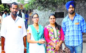 (Left to right) Ankush Gupta (president),Manpreet Kaur (vice-president), Sheenu Bala (general secretary) and Keshav Deep Singh (joint secretary) after the ABVP announced its panel