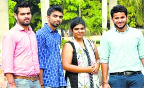 (Left to right) Sachin Kanwar (joint secretary), Ankur (general secretary), Snigdha Bawa (vice-president)  and Divyanshu Budhiraja (president) after the NSUI declared its panel