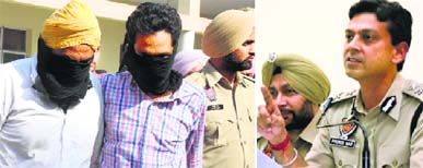 Accused Daljit Singh Bhola and Jasvir Singh in police custody; and (right) Commissioner of Police Pramod Ban addresses the media.