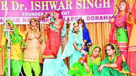 Students present giddha at Dr Ishwar Singh Memorial Hall in Ludhiana on Saturday.