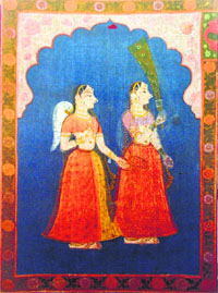 Two panels of pichhwai pata for a sacred image. Pigments on cotton. Rajasthan: Nathdwara, 19th century. Broad border with flowers and leaves on rich yellow ground