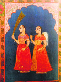 Two panels of pichhwai pata for a sacred image. Pigments on cotton. Rajasthan: Nathdwara, 19th century. Broad border with flowers and leaves on rich yellow ground