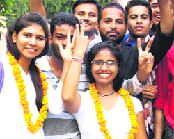 Secretary Himani Sharma and sub-secretary Megha Mishra at Shravan Jawaharlal Nehru College in Haridwar.