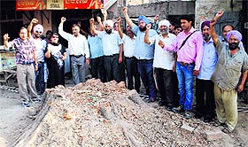 Members of the NGO Mission Aagaaz raise slogans against the axing of a peepal tree on the Circular Road in Amritsar on Sunday.