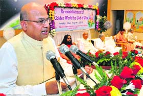 Spirited talk: Justice V Eswaraiah addresses a programme, Re-establishment of Golden World by God of Gita, at the Rajyoga Bhawan in Sector 33, Chandigarh, on Sunday