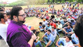 NSUI coordinator Rahul Bhattal violates Clause 6.7.1 of the Lyngdoh Committee recommendations as he addresses a gathering at Panjab University on Sunday