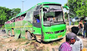 The bus that was involved in a fatal late-night accident at Sector 45/46/49/50 light point in Chandigarh