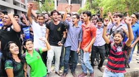 Students of UICET shout slogans in favour of their candidate during the filing of nominations for the posts of department representative at Panjab University