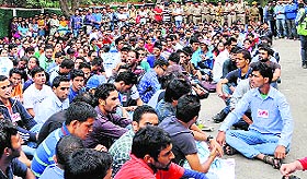 Students during a bandh at Himachal Pradesh University in Shimla on Saturday . 