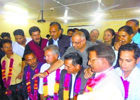 Avinash Rai Khanna, BJP in charge of J&K affairs, welcomes new entrants into the party in Srinagar on Sunday