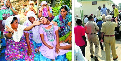 Grieving relatives of Dalbir Singh, who was killed by his younger brother at Kadian village on Sunday; and (right) police at the house. 