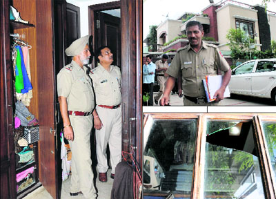 (Clockwise from above left) Policemen inspect the room where the theft took place; the jewellers house in Sector 8 that was targeted; and the broken glass from where the thieves opened a window and gained entry into the room