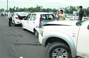 The three cars that were involved in a pile-up in Dera Bassi on Monday. 