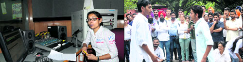 SFS presidential candidate Amandeep Kaur canvasses on the PU community radio; and (right) members of the party perform a street play at the Student Centre on Monday.