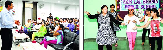A speaker addresses a gathering during a three-day entrepreneurship awareness programme held in collaboration with the Regional Centre for Entrepreneurship Development at the GGNIMT in Ludhiana; and (right) students take part in a talent-hunt programme at Ram Lal Bhasin Public School in Dugri.