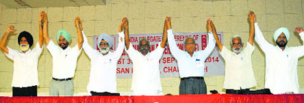 Members of the All-India Kisan Federation at a convention in Chandigarh on Sunday. 