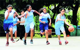 Girls in action during the All-India Indian Public Schools Conference (IPSC) Under-14 (Girls) Basketball Tournament played at Welham Girls School in Dehradun on Monday