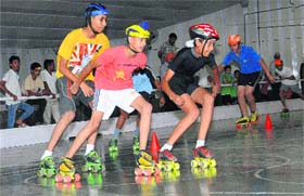 Students take part in an event during the inter-school skating championship at the Skating Rink in Sector 10, Chandigarh, on Tuesday