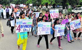 Students take out a rally in support of the NSUI alliance on the Panjab University campus in Chandigarh on Tuesday