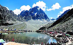 A view of the Manimahesh lake with Mount Kailash in its backdrop