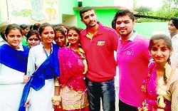 Pro-kabaddi stars Ajay Thakur and Rohit Rana being welcomed at Government Senior Secondary School, Dhabota, in Nalagarh on Tuesday