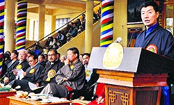 Lobsang Sangay, PM of the Tibetan Government-in-Exile, addresses a gathering
