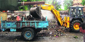 Garbage being lifted after the safai karamcharis ended their month-long strike in Kapurthala on Tuesday. A Tribune Photograph