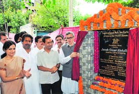 Chief Minister Omar Abdullah lays the foundation stone of the multi-tier parking project at the General Bus Stand in Jammu on Tuesday