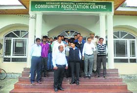 GN Qasba, Commissioner, Srinagar Municipal Corporation, along with officials, inspects work at the Elahi Bagh community centre on Tuesday