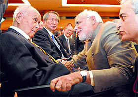 Prime Minister Narendra Modi meets 99-year-old Saichiro Misumi, one of the associates of Subhash Chandra Bose, in Tokyo on Tuesday.